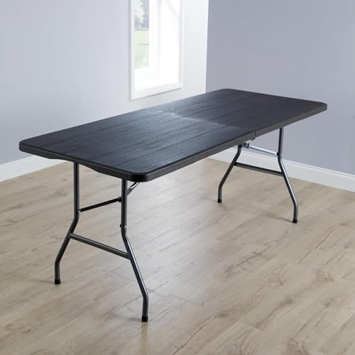 Home Source Cavalletto pieghevole da 1,8 m, con maniglia per il trasporto, tavolo resistente per campeggio, catering, barbecue, picnic, feste, marrone effetto legno