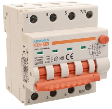 A2ZWORLD Interrupteur magnétothermique différentiel triphasé, type A 300mA, RCBO Classe A 4P C20 20A, courbe C 3P+N 6000A, occupe 4 modules DIN, AC 400V IP20