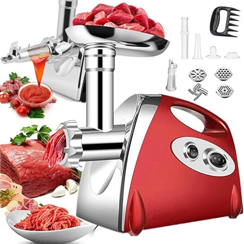 Tritacarne Elettrico, Tritacarne in Acciaio Inossidabile E Insaccatore per Salsicce, Macchina per Salsa di Pomodoro Tritacarne con 3 Piastre E Tubi per Insaccare Salsicce E Kit Kubbe