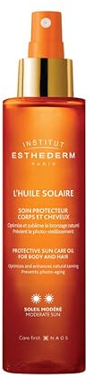 INSTITUT ESTHEDERM Huile solaire soin protecteur corps et cheveux - Protège du photovieillissement et du dessèchement - Optimise le bronzage naturel - Soleil modéré - Spray 150 ml