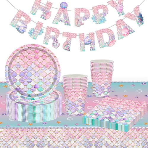 54 Stück Kindergeburtstag Besteck Deko, Meerjungfrau Partygeschirr Set Mädchen Partygeschirr, Farbiges Fischschuppen Geschirr Tischdecke Papierservietten, Für Party Decoration Kostümparty
