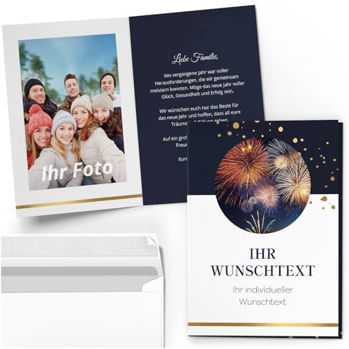 10 PERSONALISIERTE Grußkarten Neujahrskarte Neujahr Silvester mit eigenem Text und Foto - Individuell anpassbare Karten Klappkarten mit Umschlag - Feuerwerk Neujahrskarte