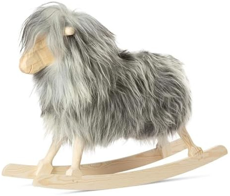 Rocking Sheep Schaukelschaf - Langhaar | Handgefertigt in Dänemark | Größe: 85x25x60cm | Mit echtem Schaffell bedeckt | FSC-zertifiziertes Holz | Dänischer Designklassiker | Farbe: Natural Grey