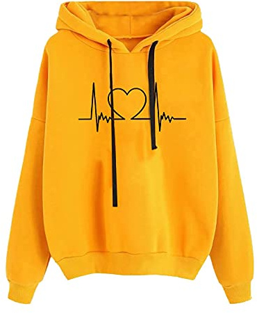 KOG Hoodie für Damen Baumwolle Sweatshirt mit Kapuze Einfarbig Hooded Sweatshirt Warm Bekleidung Frauen Elegante Oberteil Warme Fashion Oversize Kleidung Gelb L