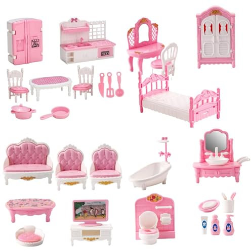 32 Pcs Dolls House Furniture Set, Miniature 1:12 Scale Mini Doll House Furniture, Dolls House Accessories with Kitchen, Dining Room, Living Room,Bedroom,Bathroom for Children Kids Girls Playhouse Toy