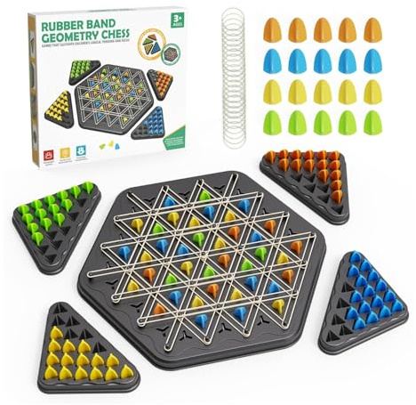 SDMAX Geometry Chess Game With Rubber Band, Chess Board, Pieces, Vibrant Colour, Smooth Edge, Interactive And Fun Game, Improves Memory And Concentration Power