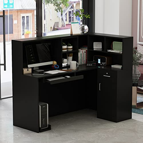Caldion Schwarzer Empfangstheke mit abschließbarer Schublade,Rezeptionstresen mit Ablagen,Empfangstresen mit Tatsaturschublade,Bürotheke Rezeptiontisch für Salon Lobby Cafe Restaurant,140x80x120cm