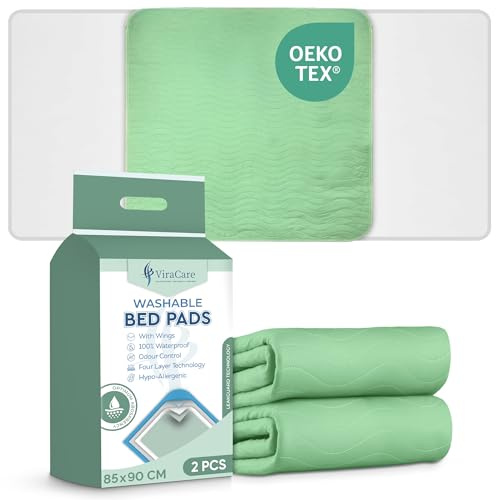 2 x Washable Incontinence Bed Pads | 85 x 90 cm | Incontinence Bed Sheets | Suitable for Single Bed | with Tucks & Colour Green | Absorbent Pads | (85x90 cm, 1 Pack of 2)