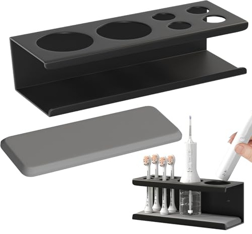 Porta Di Spazzolino Da Denti Nero, Supporto per Porta Di Spazzolino Da Denti, Supporto per Denti Elettrici, Parete Del Supporto per Spazzolino Senza Perforazione, Con 6 Fori (Nero）