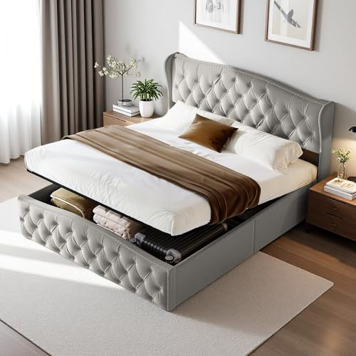 JYNVO 140 x 200 cm klädselsäng med hydraulisk minnesfunktion, grå flanell och ribbotten, modern förvaringssäng, grå dubbelsäng, tonårssäng, ribbad dekorativ säng, utan madrass
