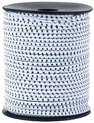 Bungee Cord - 1/8 Inch x 100 Feet - Elastic Shock Cord, Stretch Rope for Kayak, Crafts, Tie-Downs, DIY Projects - Flexible, High-Strength Bungee Rope (White with Black Trace)