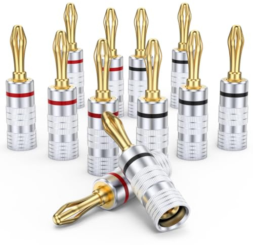 MOSWAG Bananenstecker 24K vergoldet 12 Stück Lautsprecherkabel Stecker | 2 Paar vergoldete Stecker für AV-Receiver,Heimkino und Verstärker-stabiles Signal,korrosionsbeständig