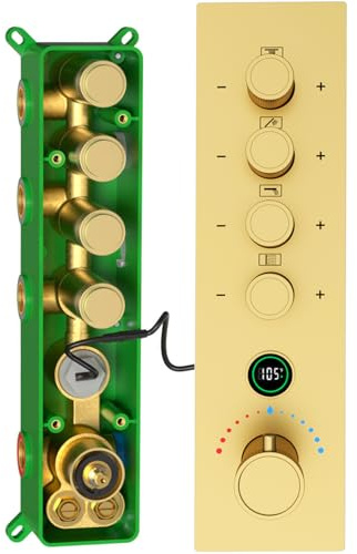4 Way Digital Thermostatic Shower Mixing Valve Diverter Brushed Gold Trim Kit, Shower Mixer with Temperature Display, Heavy-duty Brass Rough-in,4 Functions Can Use Together with Flow Control