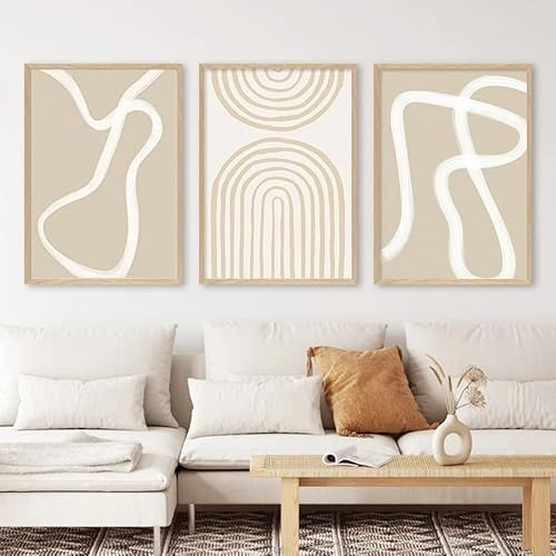 Peintures sur Toile,3 Images Set-Toile Murale Abstraite Beige Minimaliste Avec Lignes Géométriques Affiche Moderne Imprimée Image Artistique Décoration Salon de Chambre à Coucher-60*70Cm Sans Cadre