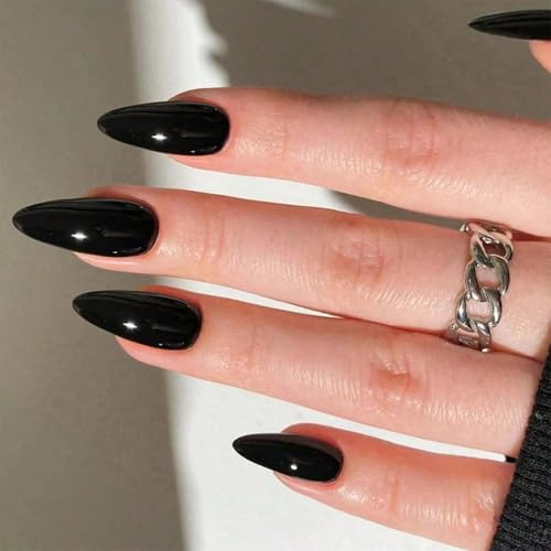 Xanthelle Unghie adesive, Unghie finte nere di lunghezza media a forma di mandorla, Unghie artificiali per donne, Unghie finte ideali per Halloween