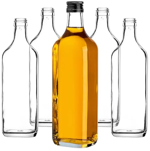KADAX Botellas de cristal vacías de 500 ml, 20 unidades, botellas de licor con tapón de rosca para whisky, botellas para rellenar licor, whisky y vino, botellas de chupito de cristal (negro, corto)