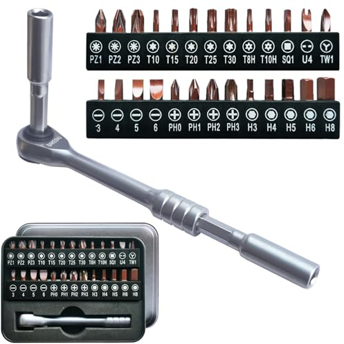 29 in 1 Mini Ratchet Screwdriver Set, Right Angle Screwdriver,Short Offset Screwdrivers with Phillips, Flat, Torx, Hex, Square,Pozidriv S2-Alloy Steel Bits(60-Teeth)