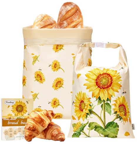 FIZZBOP Beeswax Bread Bag, 2-Pack Beeswax Bread Bags For Sourdough, Reusable Bread Bags For Homemade Bread Sourdough, Organic Cotton & Beeswax Bags, Sunflower Series