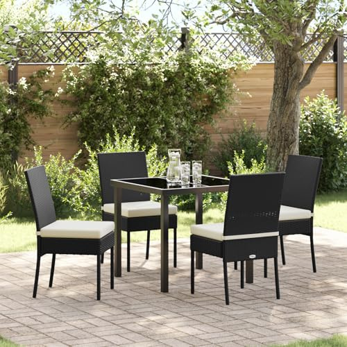 IBUQDDV 5-teiliges Garten-Esszimmer-Set Schwarz Poly-Rattan mit Kissen, Wetterfestes Outdoor-Möbel für Terrasse, Balkon und Dach, Bequeme Sitzgruppe aus Stahlrahmen, Langlebig