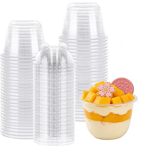 AHAQU 100PCS Dessert Cups with Lids, 360ml/12.6oz Reusable Parfait Cups, Clear Plastic Cups with Dome Lids (No Hole) for Fruit, Ice Cream, Candy, Cold Drinks