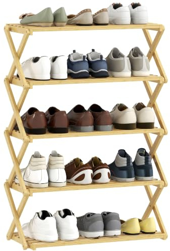 HOMCOM Zapatero Estrecho de Bambú, 5 Niveles, Sin Instalación, Natural | Zapatero Vertical Plegable, Estantería para Zapatos, Entrada, Pasillo, Dormitorio