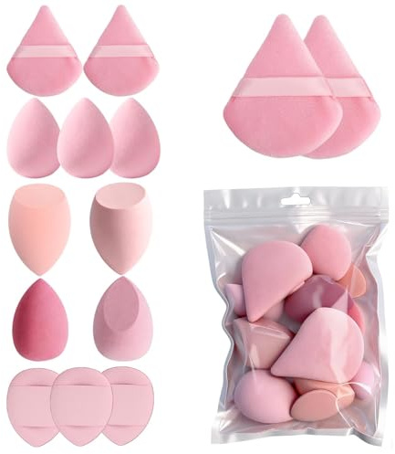 SLIAXINT 14 stycken makeup-svampset – makeupsvamp för vätska, foundation, kräm och puder, puderpuff kosmetika, makeup svampset för naturlig finish i rosa