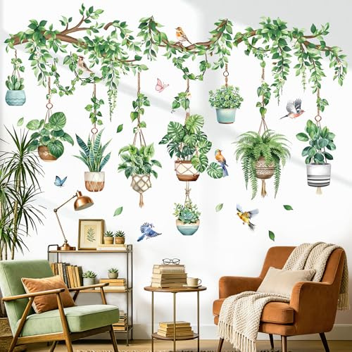 decalmile Stickers Muraux Plante en Pot Vertes Autocollant Mural Feuilles | Stickers Décoratifs Muraux Peel and Stick, Décoration Murale Amovible et Sûre pour Murs, Sticker Mural Couleurs Vives