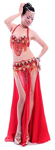 ROYAL SMEELA Frauen Bauch Tanz-Kleidung Strass Sexy Kleid BH/Gürtel/, rot