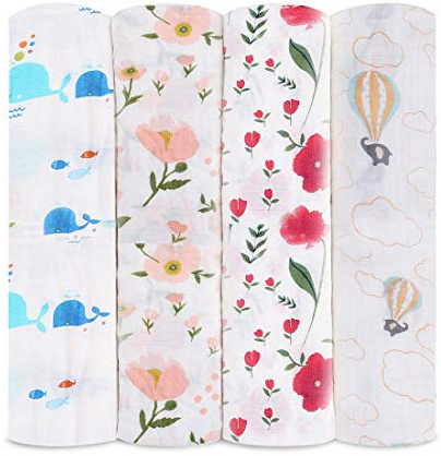 Levoberg Wickeltuch Baby 4er Set, weich und gemütlich, 120 x 120 cm groß, Zwei Schichten Musselin-Baumwolle für Junge und Mädchen, Spucktücher, Baby Decke, Mulltücher, Stoffwindeln, Molton-Tücher