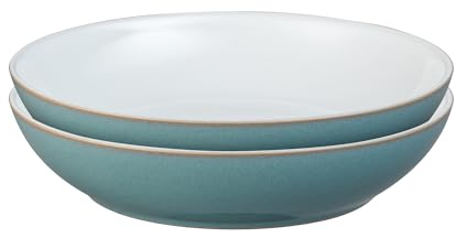 Denby - Azure Blue Pasta Bowls Set of 2 - Dishwasher Microwave Safe Crockery 1050ml 22cm - Sea Blue, White Ceramic Stoneware Tableware - Chip & Crack Resistant