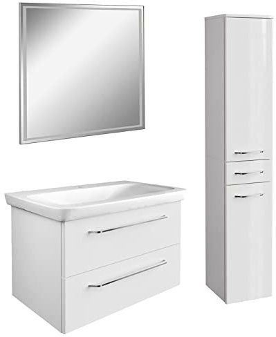 FACKELMANN weißes Hochglanz Badmöbel Set 4-TLG. Milano hängend mit Waschbecken 80 cm & LED Badspiegel & Hochschrank