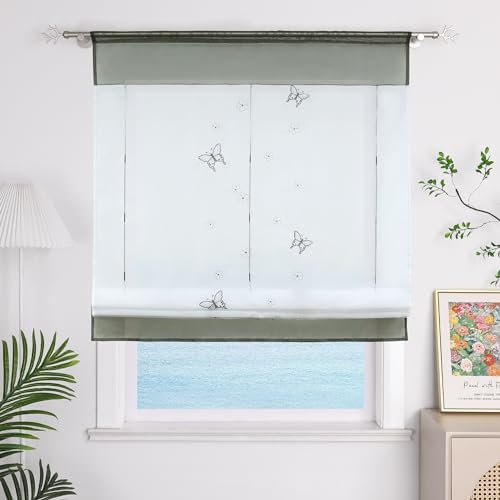 ESLIR Raffrollo Küche Raffgardine mit Tunnelzug Gardinen Transparent Bändchenrollo mit Schmetterling Bestickt Voile Grau BxH 80x120cm 1 Stück