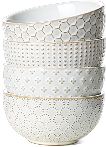 LE TAUCI Cereal bowls 26 oz, Ceramic Soup Bowl for Kitchen, Embossment Stoneware Bowl for Pho, Chip, Fruits, Salad, Noodle, Ramen, Suit For Housewarming - 6 Inch, Set of 4, Arctic white