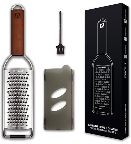 REDSALT® Premium Parmesanreibe mit Holzgriff | rasiermesserscharfe Profi Julienne Edelstahl Reibe für feine Gemüsestreifen Karotte Zucchini Kartoffel Obst Apfel | Küchenreibe Hobel Raspel für Käse