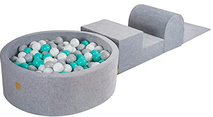 MEOWBABY Parco Giochi in Schiuma con Piscina di Palline 90x30cm/200 Palline per Bambini - Blocchi Morbidi, Velluto, Grigio Chiaro: Grigio/Bianco/Turchese