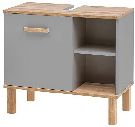 Lomadox Waschbeckenunterschrank in Platingrau mit Eiche Landhaus Nb., B/H/T: ca. 65,2/60,1/35 cm