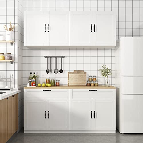 FAMAPY Wall-Mounted Kitchen Pantry Kitchen Cabinets with Countertop, Pantry Cabinet with Drawers & Doors, Wall Cabinet White and Oak