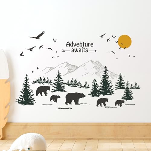 Tanlaby Berge Bär Wandtattoo Kiefern Wandsticker Woodland Tier | Wandaufkleber für Kinder Babyzimmer Wohnzimmer Schlafzimmer Kinderzimmer Hause Wanddekoration