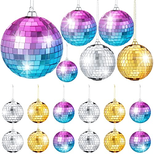 25 Stück Discokugeln Ornament Mini Reflektierende Disco Ball Disco Party Hängende Dekorationen mit Schlüsselband für Weihnachtsbaum Tanz Musik Party Dekoration, 5,1 cm 8,9 cm 10,2 cm (mehrfarbig)