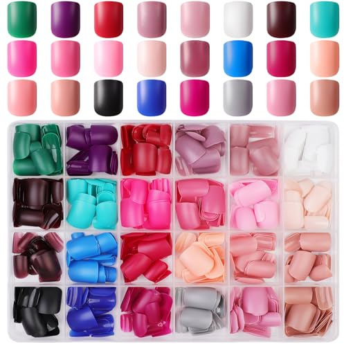 JUSTOTRY 24 Packs (576 PCS) Matt Eckig Nägel Zum Aufkleben Kurz,Press on Nails Set mit Nagelfeile,Acryl Kunstnägel Fake Nails Short,Square Fingernägel Künstliche Nägel für Frauen