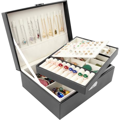 Homeanda Schmuckkästchen mit Schloss - Große Schmuckschatulle aus Leder für Damen, Schmuckbox mit 2 Ebenen (Schwarz)