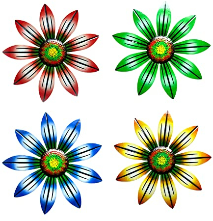 4 Stück Metall Blume Wanddekoration 3D Metall Blumen Wanddeko Gartendeko Gartenzaun Outdoor Wandkunst,Bunte Gartenwand Ornamente Metall Blume Skulptur Hängen für Hof, Garten, Veranda, Terrasse Set 3