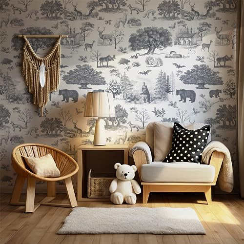 RollsRolla Toile Black and White Woodland Peel and Stick Wallpaper Cute and Whimsical for Teens Boys Room and Dorm Farmhouse Style