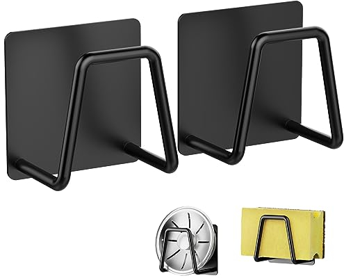 iSPECLE Schwammhalter Küche – Edelstahl-Schwammhalter, 2 Packungen super Selbstklebender schwammhalter spülbecken, Küchenzubehör für die Aufbewahrung und das Abtropfen im Haushalt, schwarz