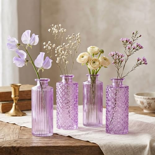 4er Set Vase Glas Lila H14cm Violett Pastell Blumenvase Tischdeko Frühling Blumendeko Glasvase Dekovase