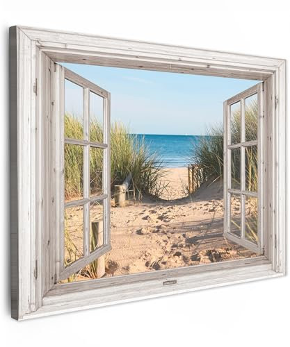 MuchoWow© Quadro su Tela 70x50 cm Stampe da Parete Quadri Cucina Camera da Letto Dipinto Arredamento Casa Vista dalla finestra - Spiaggia - Mare - Dune - Sabbia - Acqua - Erba alta