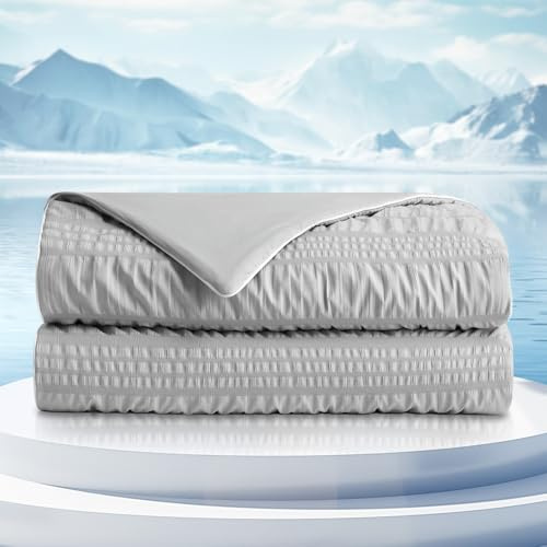 Cozy Bliss Seersucker Kühldecke, Doppelgröße, Q-Max 0,4, doppelseitig, leicht, für alle Jahreszeiten, kühl, atmungsaktiv, seidig, glatte Sommerdecke für heiße Schläfer, Nachtschweiß, Hellgrau