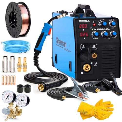 Sherman DUALMIG 210 S4 - Soldador de hilo sin gas y con gas 200 A - MIG, MMA, TIG-LIFT y FLUX - Máquina de soldar con 2T/4T y Inductancia - Antorcha MIG/MAG MB15 (3m) - Set Basic