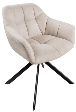 Stuhl PAPILLON - 65cm - champagner - Strukturstoff Metall-Beine drehbar | Auto-Return-Funktion, Armlehne, Ziersteppung, hoher Komfort, bequeme Polsterung, pflegeleicht, langlebig, Esszimmerstuhl