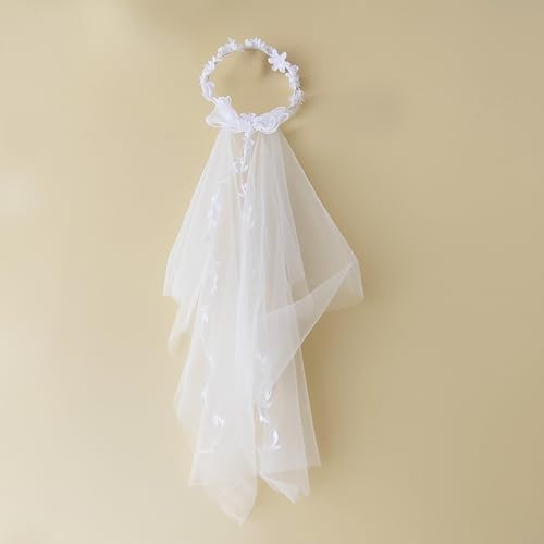 TUKEVA Ghirlanda bianca velo da sposa con fiori, ghirlanda di velo da sposa, fascia per capelli, per spose, damigelle, feste a tema (bianco)